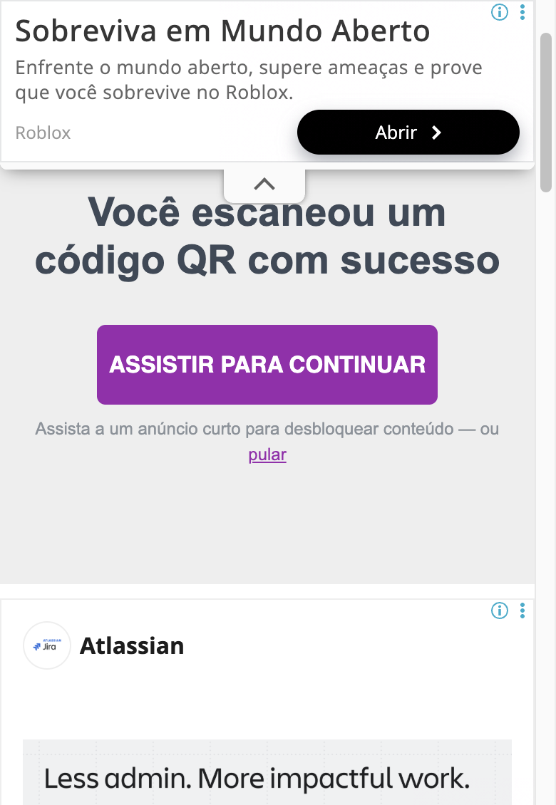 Gerador de QR com anúncio antes do cardápio